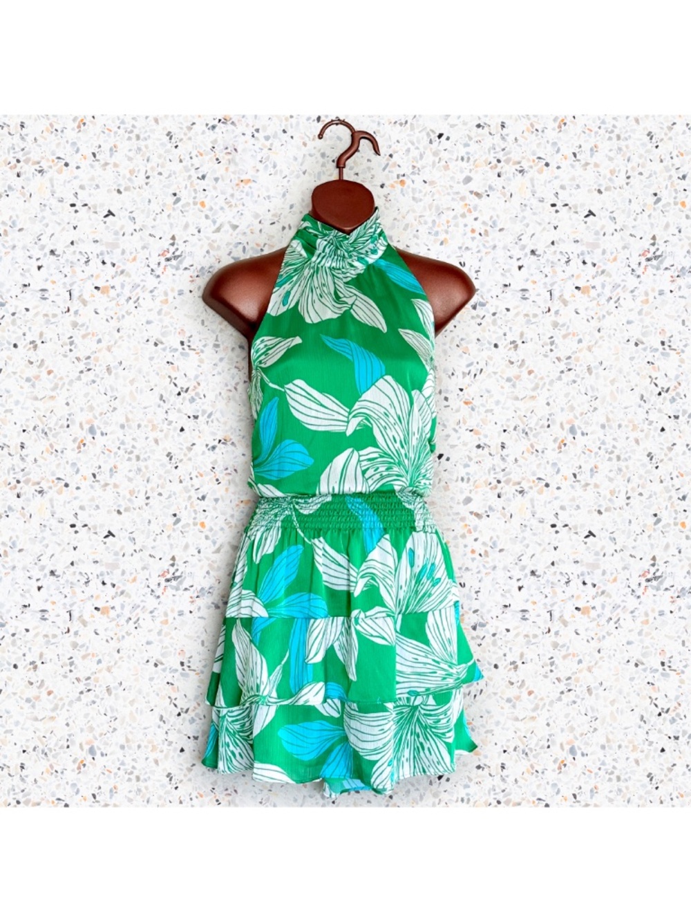 Ramy Brook Dani Green Floral Halter Mini Dress Smocked Tiered Ruffle Sz L